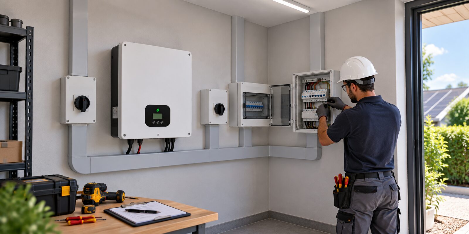 Technician inspecting breaker installation